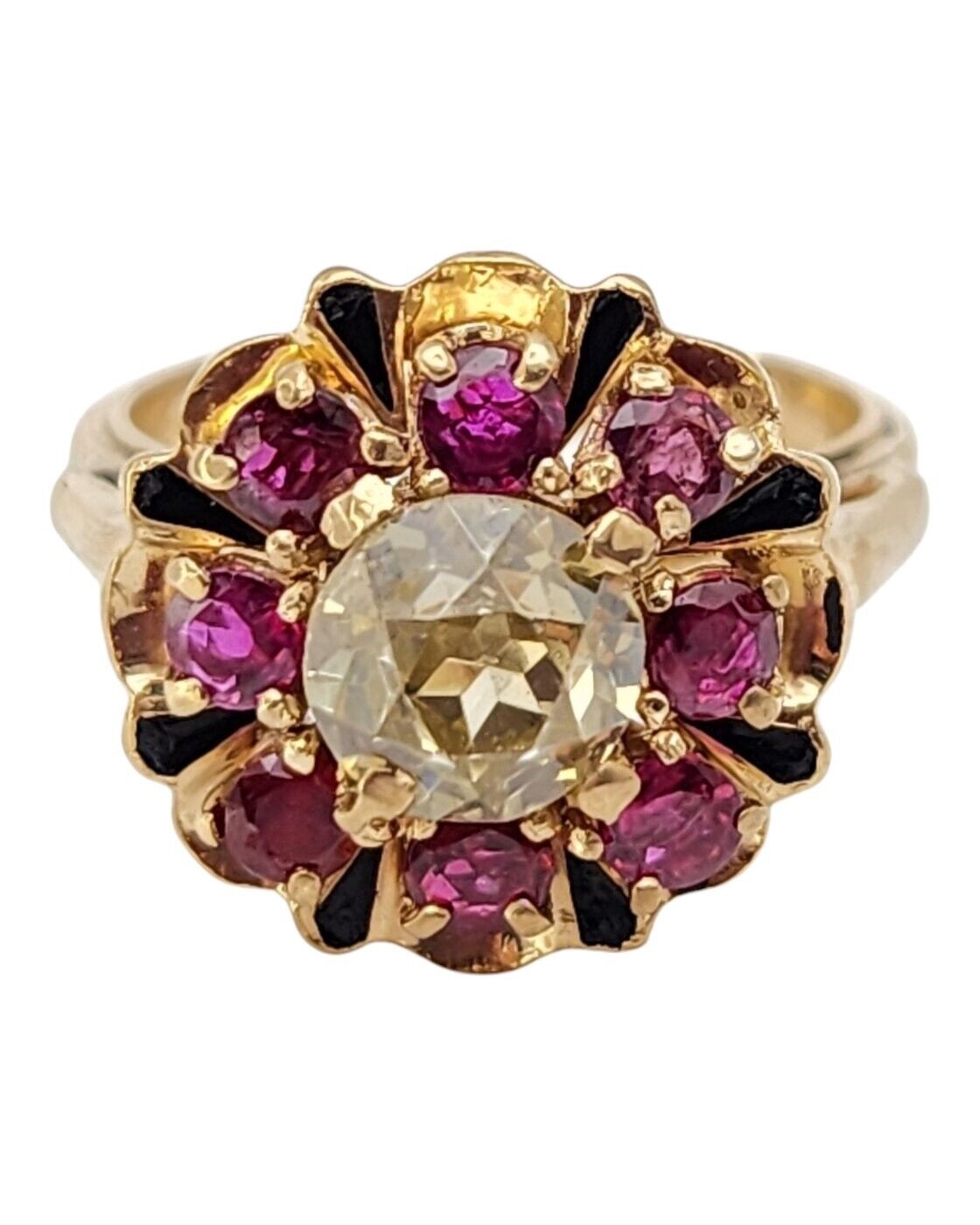 14K Yellow Gold Ring/ Large Center 1.0Ct Diamond Surrounded by 8 Rubies