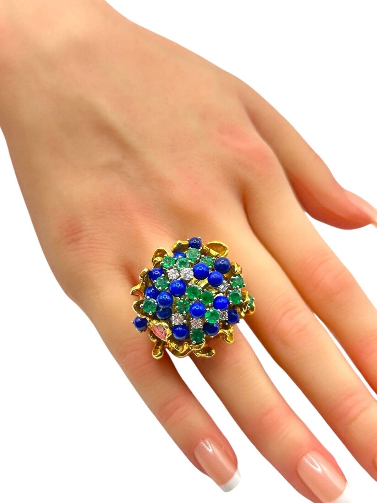 Gorgeous Very Unique Women's Large 18K Yellow Gold Ring with Diamonds, Sapphires