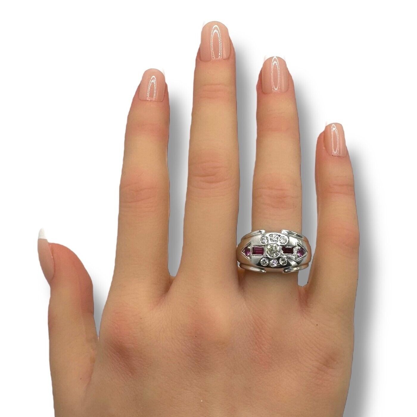 Beautiful 14K White Gold Ring with Diamonds and Rubies