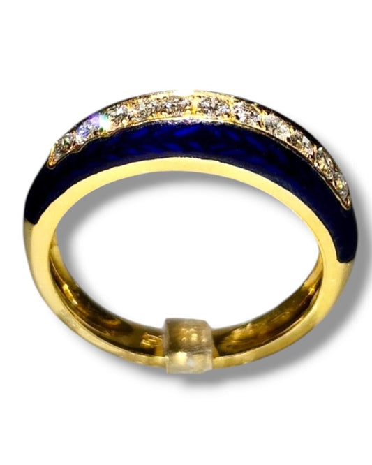 Amazing 18K Gold Blue Enamel & Diamond Ring Italy