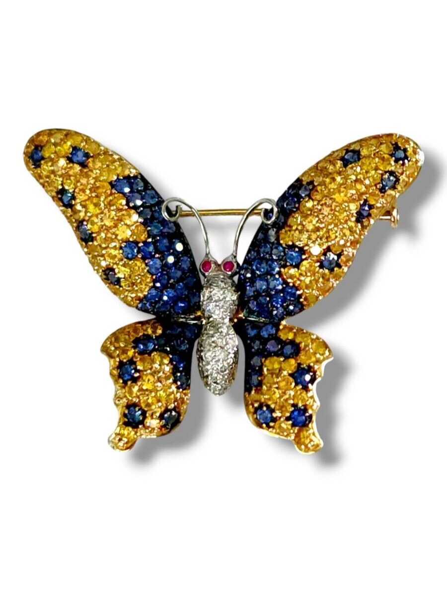 Gorgeous 18k Gold Diamond Sapphire Butterfly Brooch Pin