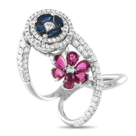 Amazing 18K White Gold 2.0ct Diamond, Sapphire, and Ruby Cocktail Ring