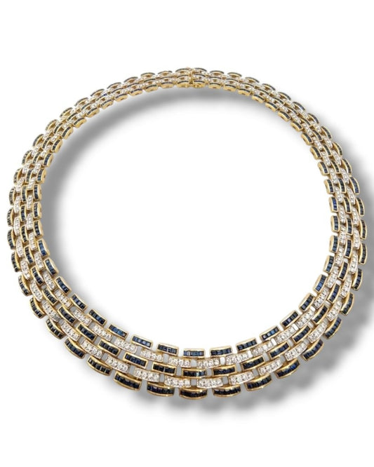 Necklace - 18 kt. Yellow gold, Amazing 18K Gold Diamond &Sapphire Womens