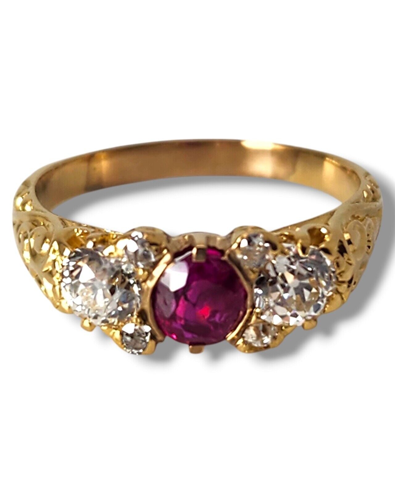 Amazing 18K Gold Burma Ruby & Diamond Women's Trilogy Ring