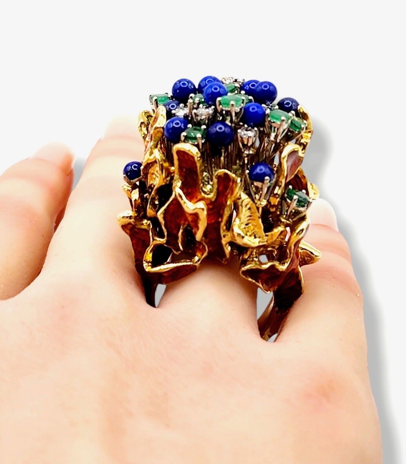 Gorgeous Very Unique Women's Large 18K Yellow Gold Ring with Diamonds, Sapphires