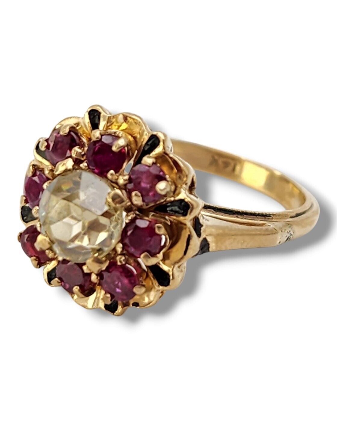 14K Yellow Gold Ring/ Large Center 1.0Ct Diamond Surrounded by 8 Rubies