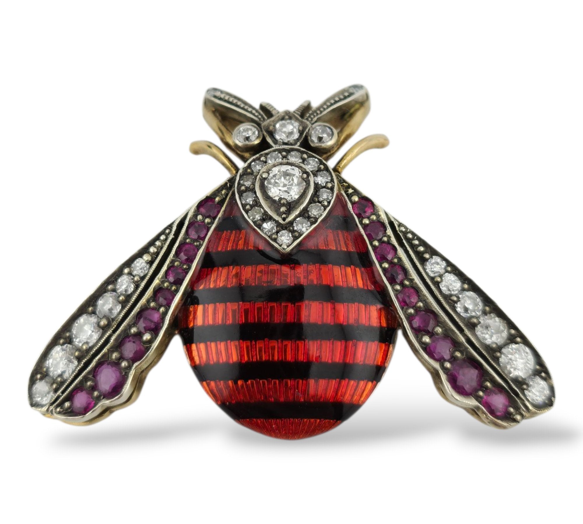 Brooch - 14 kt. Yellow gold, Imperial Russian 56K Gold ( 14k gold) Enamel and Diamond Brooch  Demantoid - Ruby