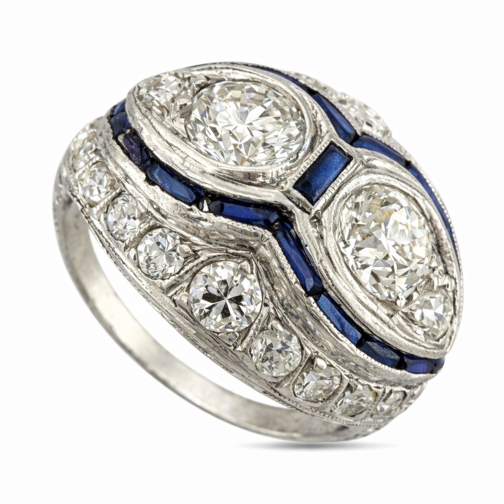 Platinum Art Deco Ring with 1.6ct of Diamonds and Sapphires