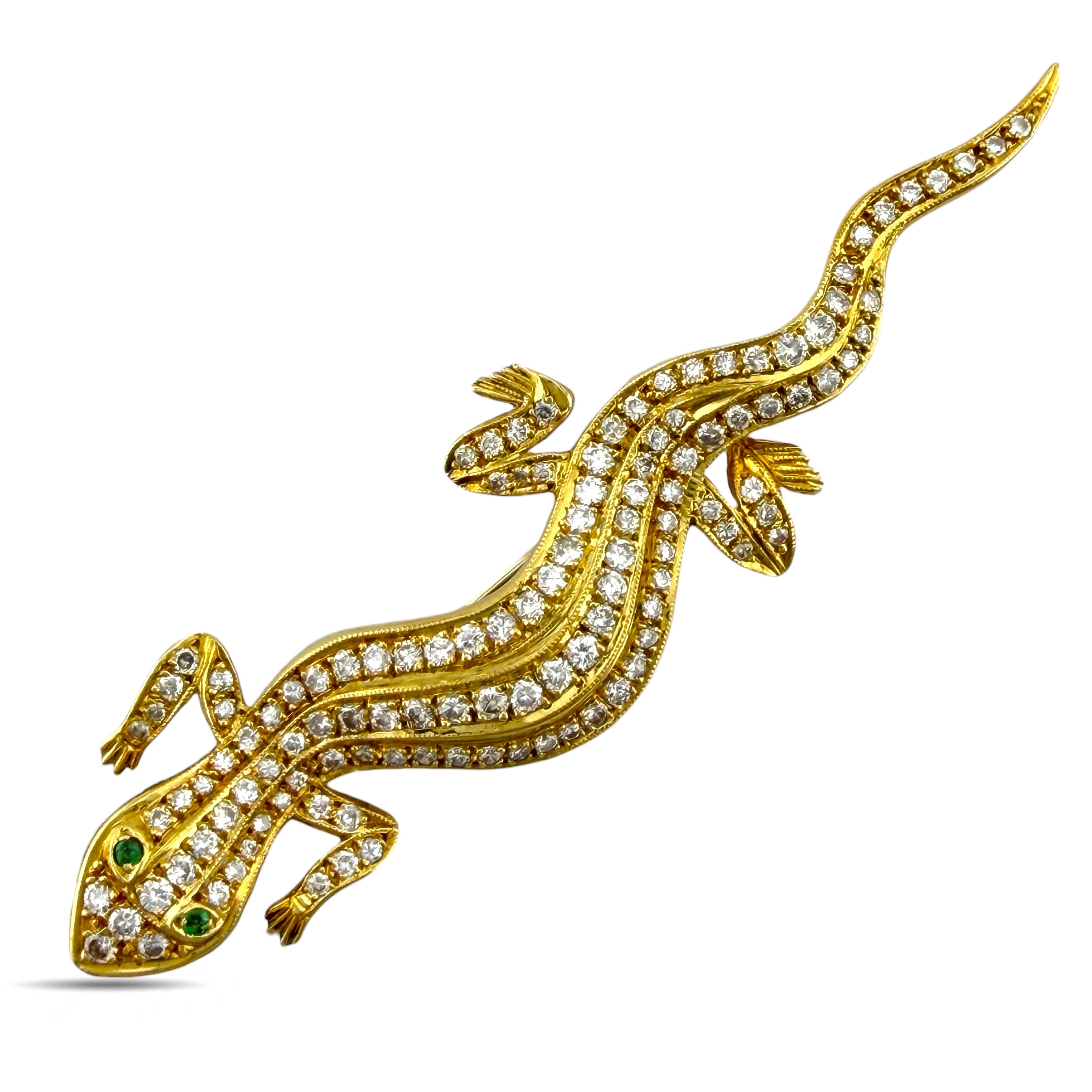 Brooch - 18 kt. Yellow gold, Exclusive 18K Yellow Gold 1.41ct Diamond and Emerald Lizard Brooch -  1.41ct. tw. Diamond (Natural)