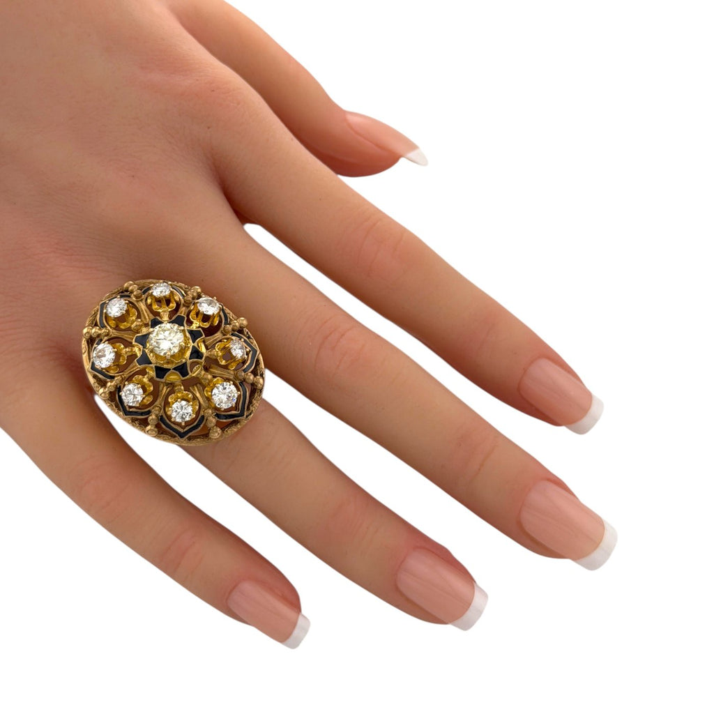14K Yellow Gold Enamel and Diamond Cocktail Ring