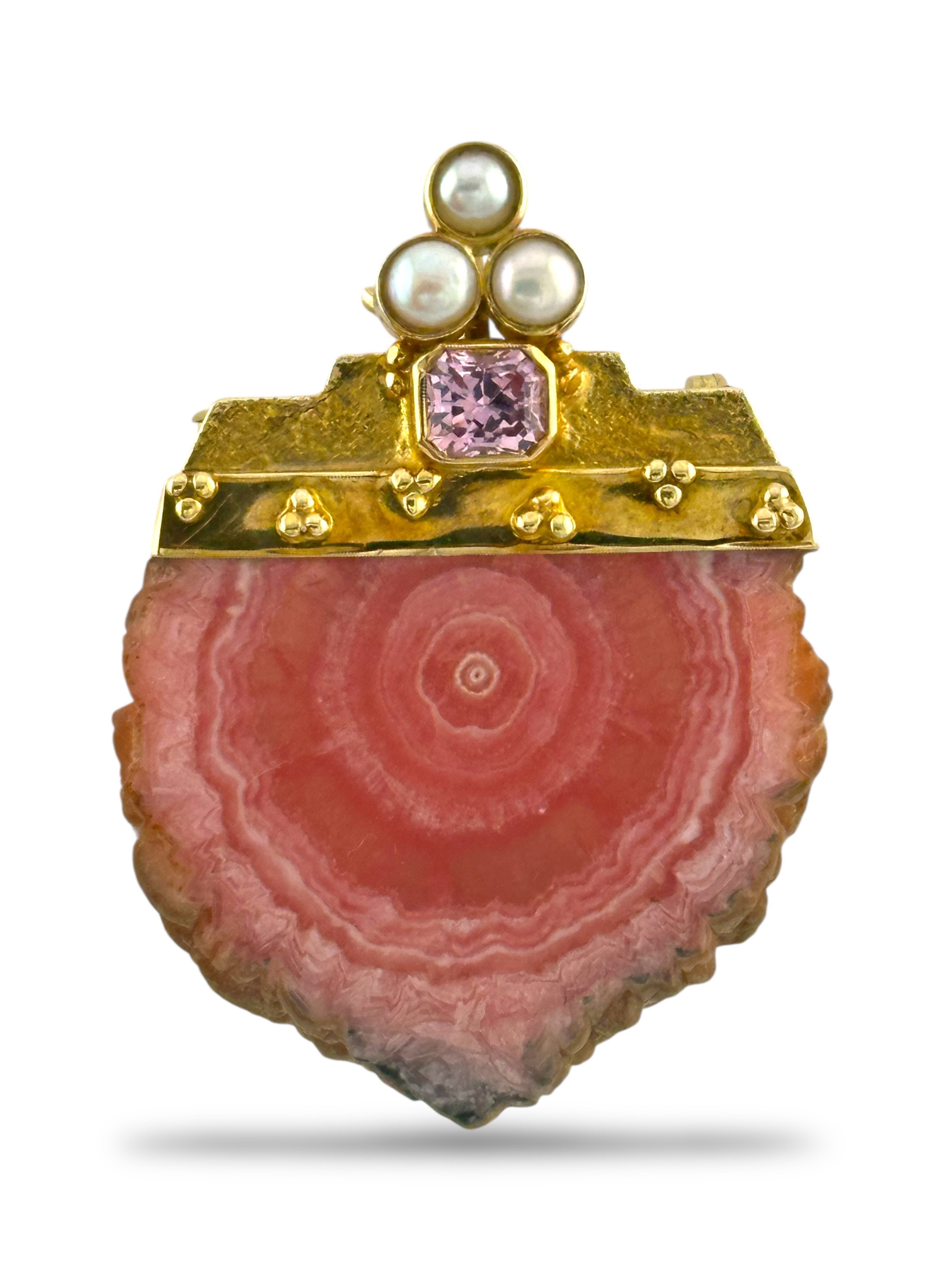 Brooch - 18 kt. Yellow gold, 18K Yellow Gold Brooch / Necklace  with 1.55Ct Kunzite, Rhodochrosite, and Pearls