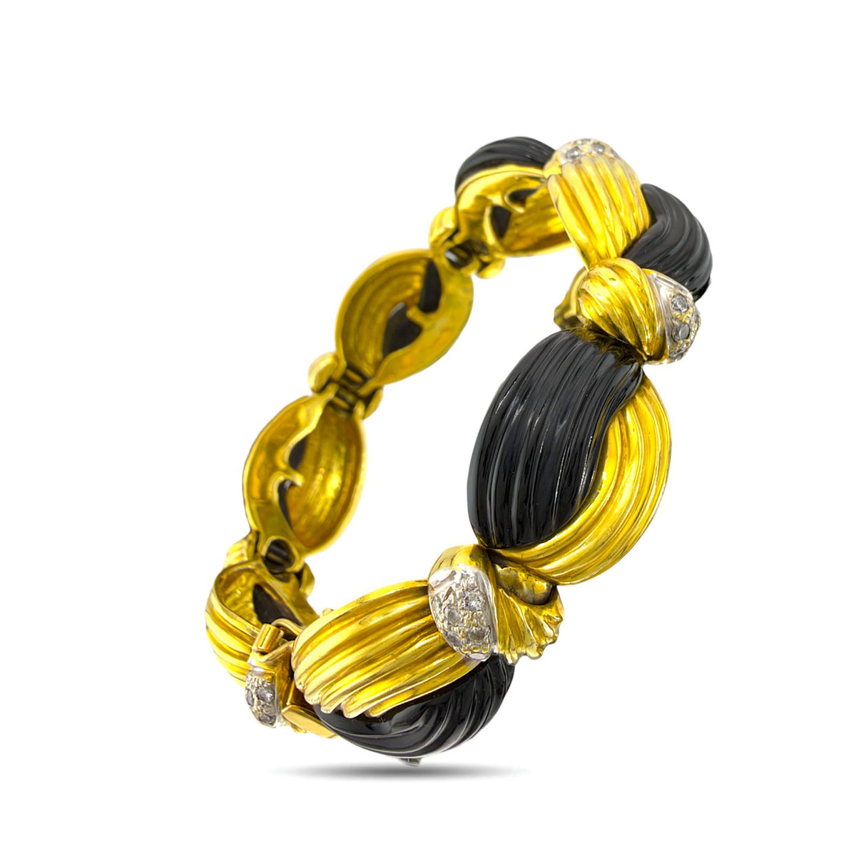 Interlocking gold and black onyx bracelet with diamond-set links, shown from another angle