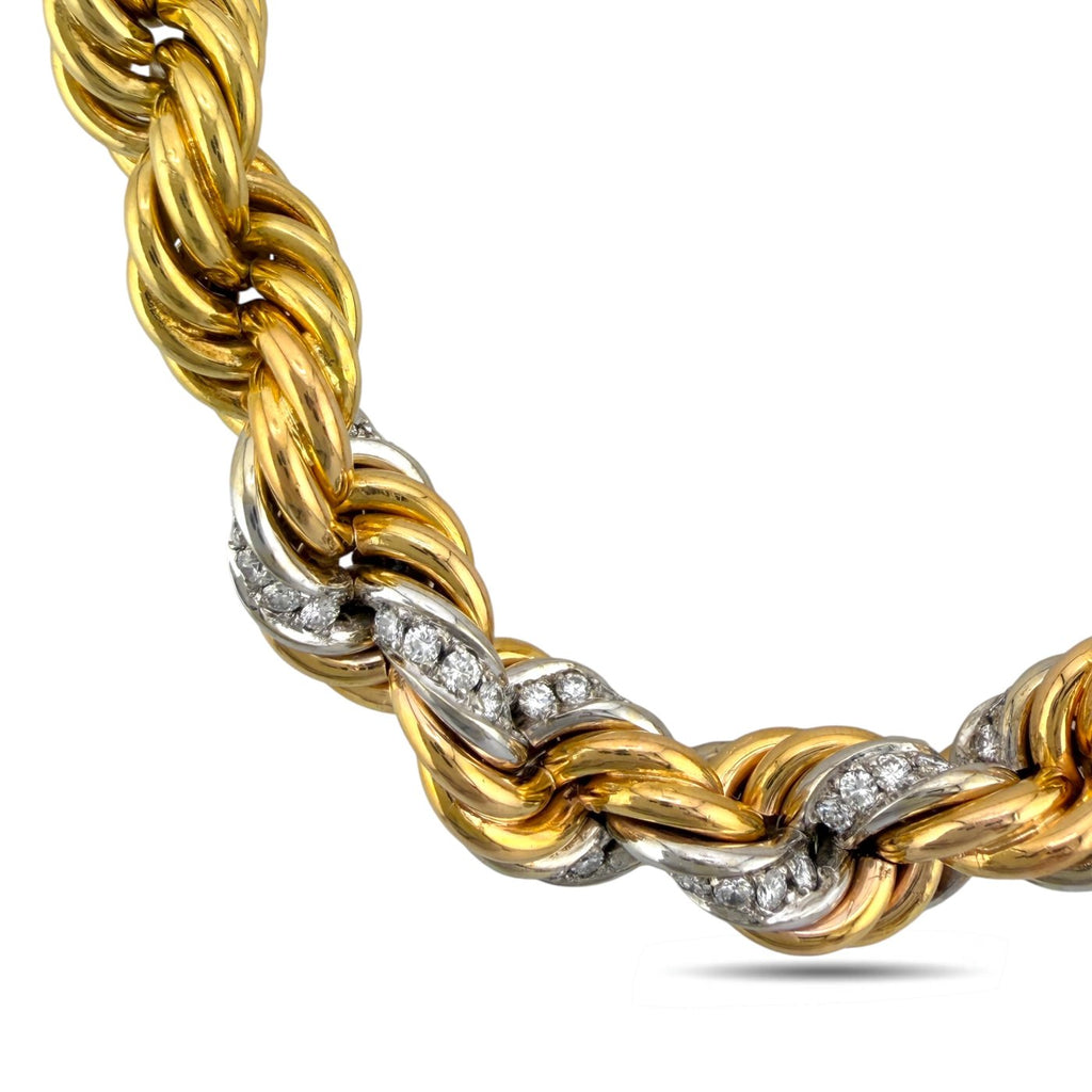 18K Yellow Gold Interwoven Rope Design 1.5ct Diamond Necklace