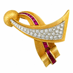Gold pendant brooch with diamonds and ruby accents