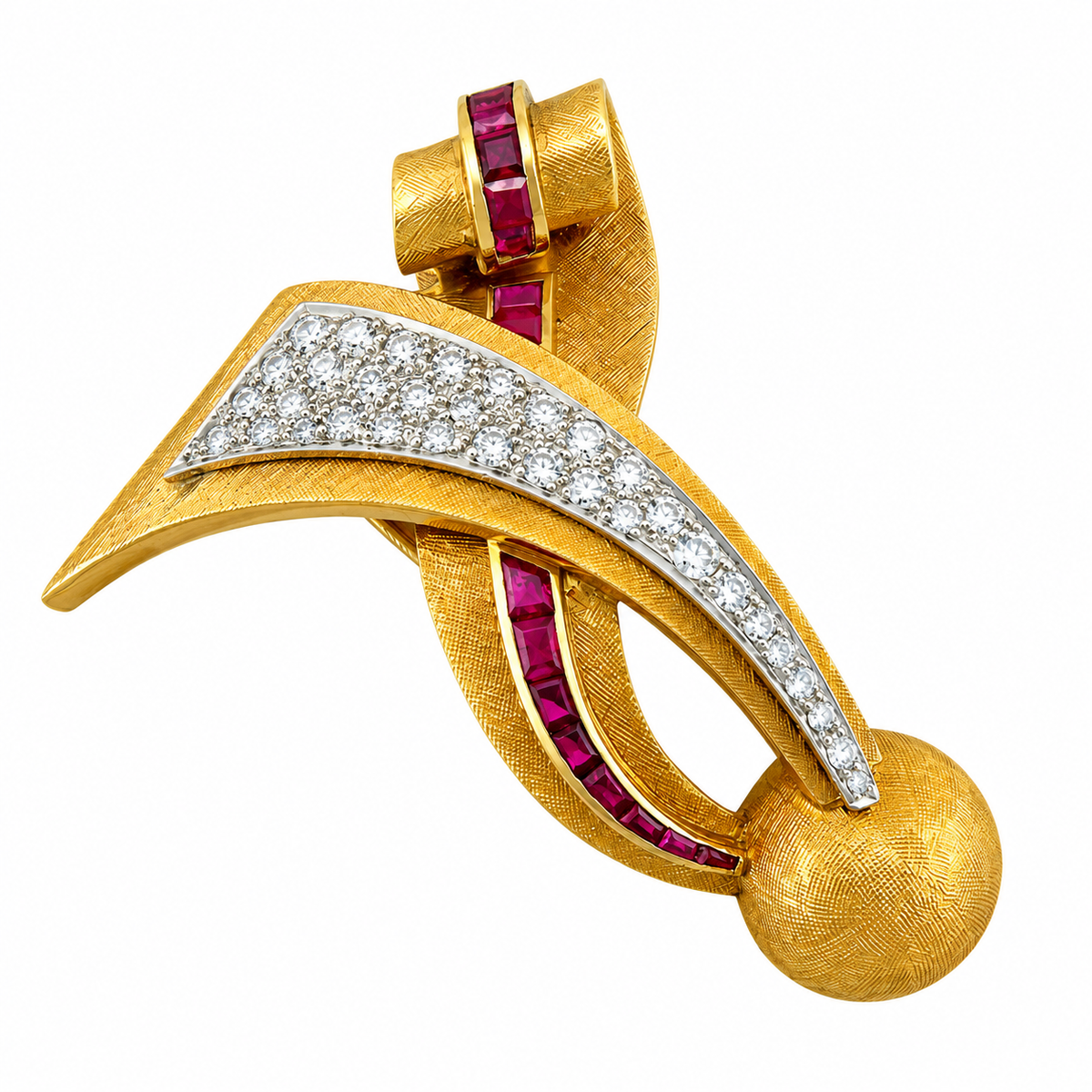 Vintage 14K rose gold brooch pendant with diamond curve and ruby accent