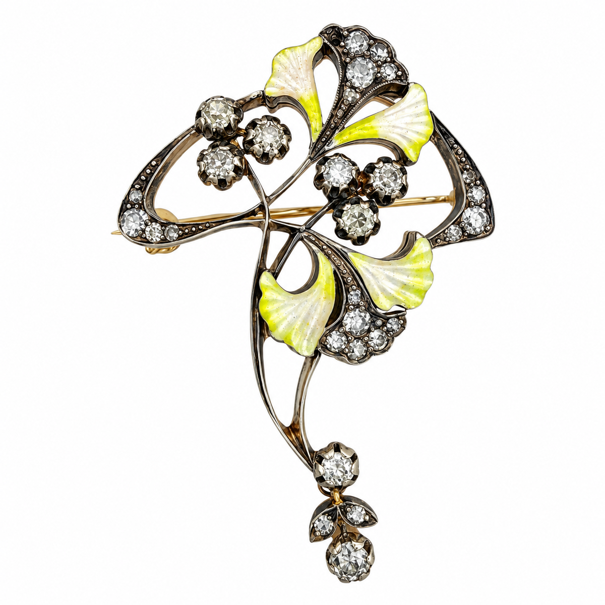 Diamond and enamel floral brooch with yellow enamel leaves and dangling pear-shaped stones