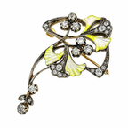 Diamond-enamel floral brooch in yellow gold-tone with dangling stone clusters