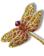 Vintage 18K Gold Dragonfly Brooch with Large Orange Sapphires and Diamonds