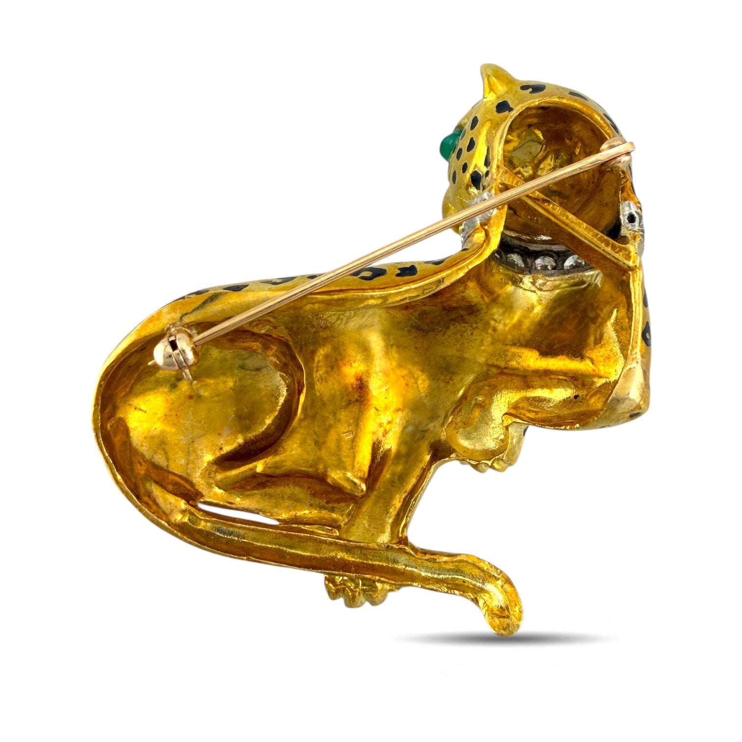 Brooch - 18 kt. Yellow gold, Exclusive Vintage 18K Yellow Gold Leopard 0.54ct Diamond Collar and Emerald Eyes Brooch -  0.54ct. tw. Diamond (Natural)