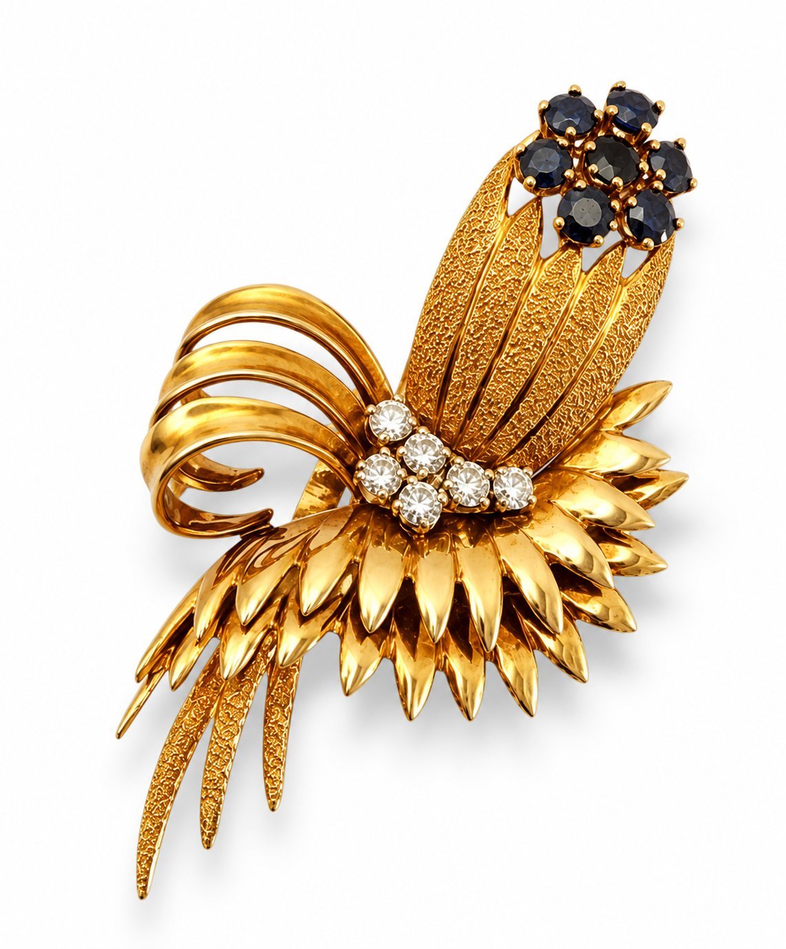 Gold ribbed fan earring with dark blue stone cluster and diamond center