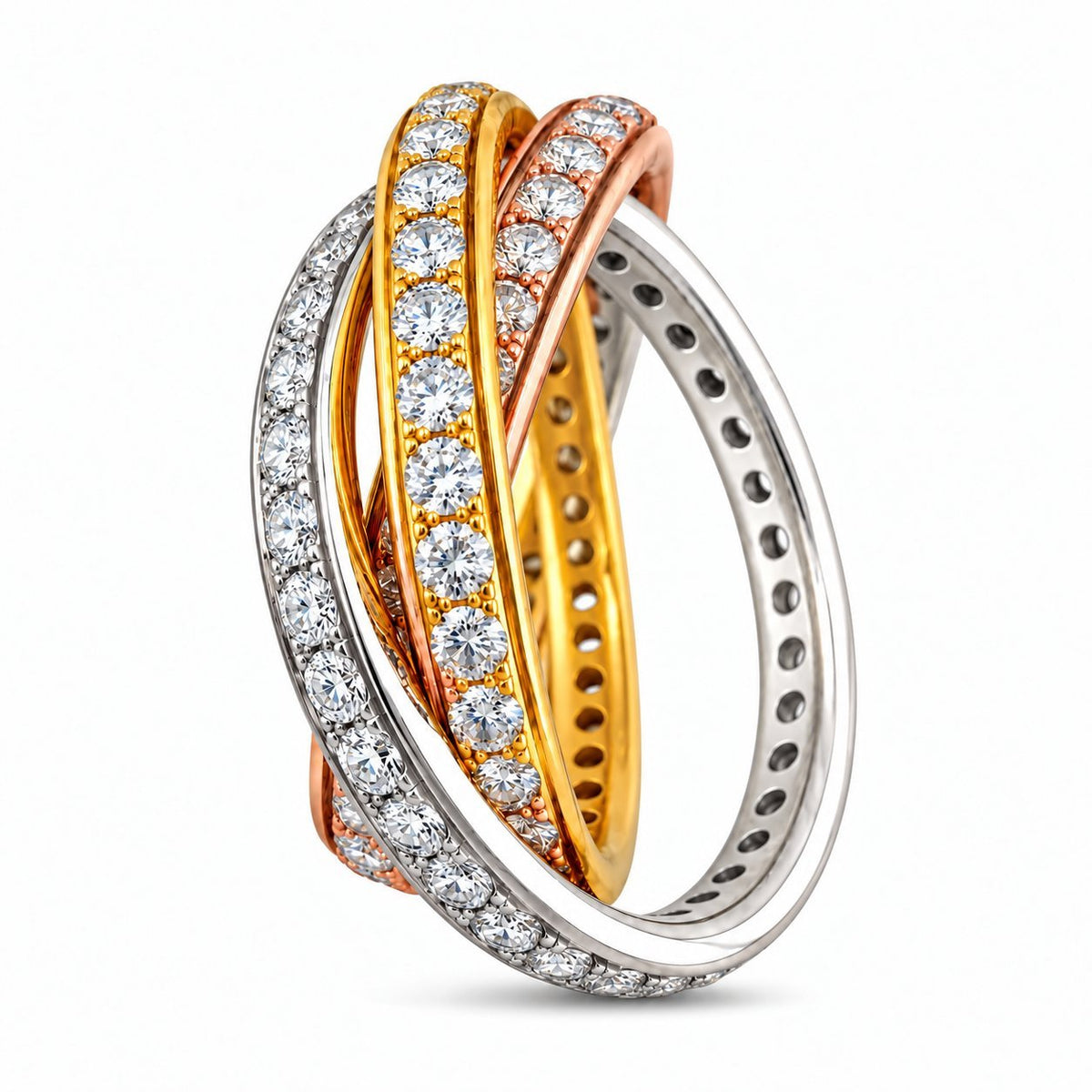 Three-band 18K tri-color gold ring with diamonds and openwork inner bands