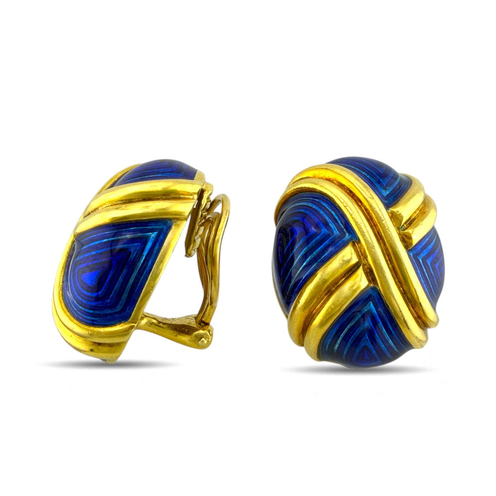 Vintage 18K Yellow Gold Blue Enamel Earrings