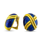 Vintage 18K Yellow Gold Blue Enamel Earrings
