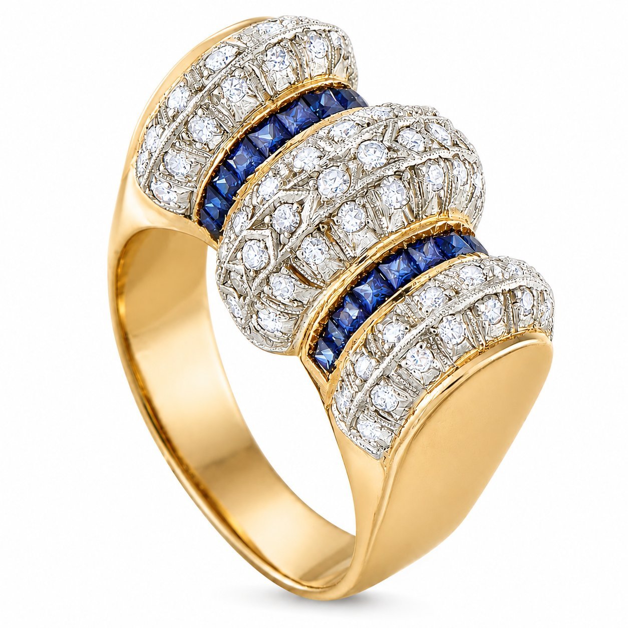 Antique diamond and sapphire bombe ring with pavé-set bands