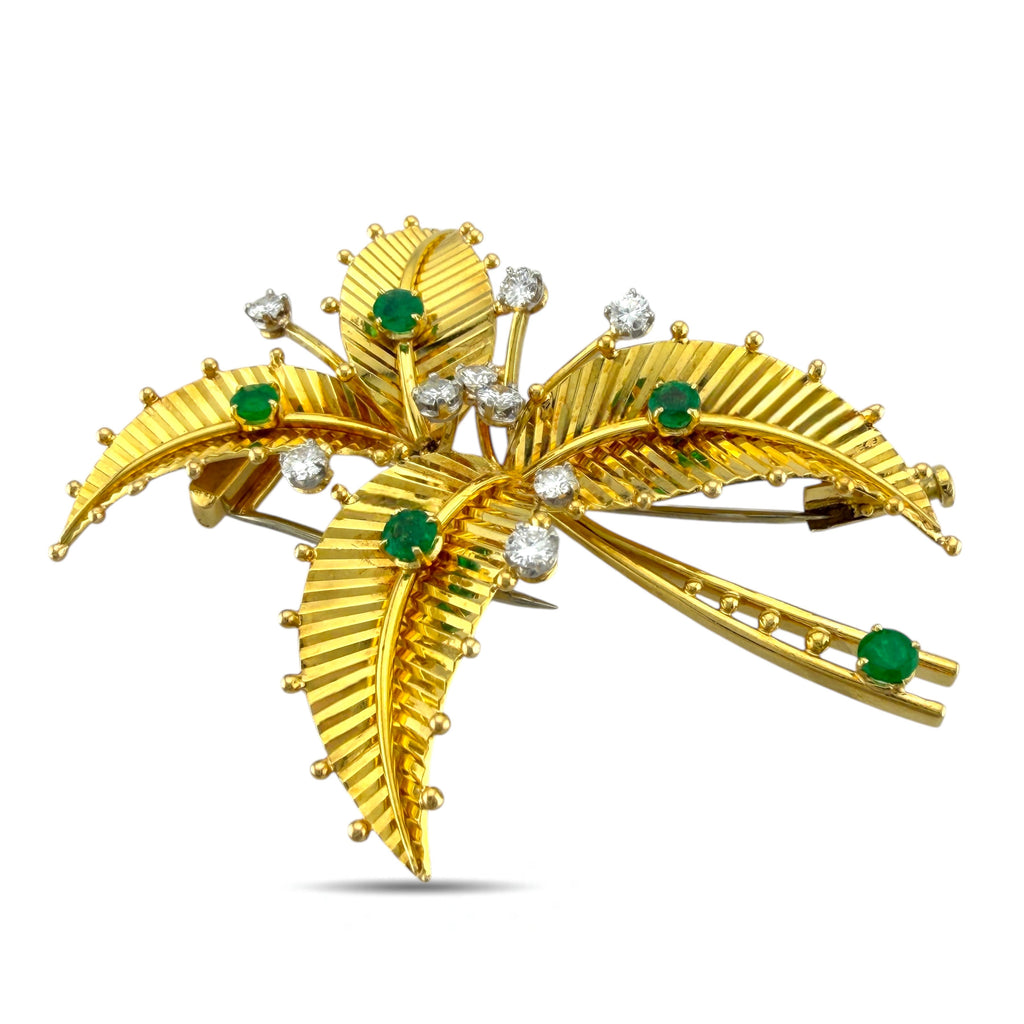 Cartier 18K Yellow Gold 0.9ct Diamond and 0.9ct Emerald Palm Flower Brooch