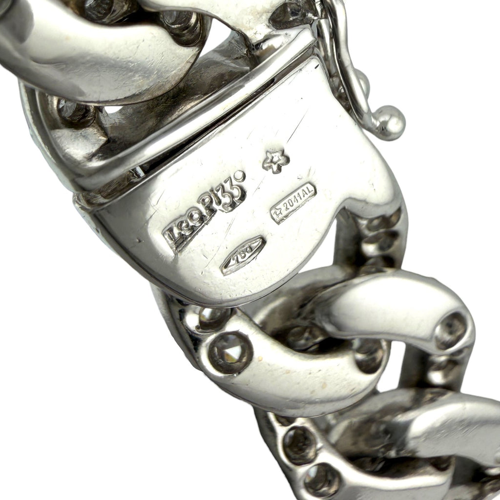 Stamped 18K white gold bracelet clasp end with hallmark details and pin hardware