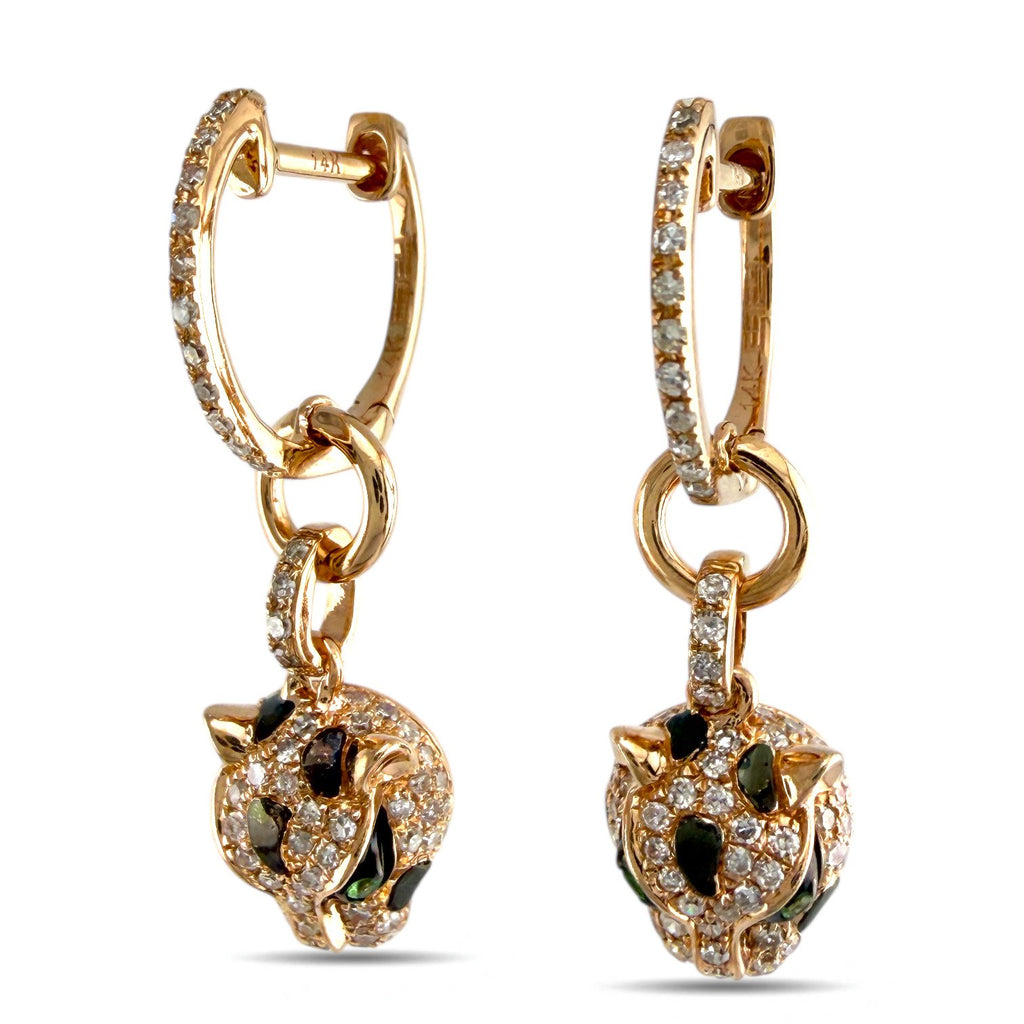 14K Rose Gold Diamond, Emerald, and Enamel Leopard Earrings