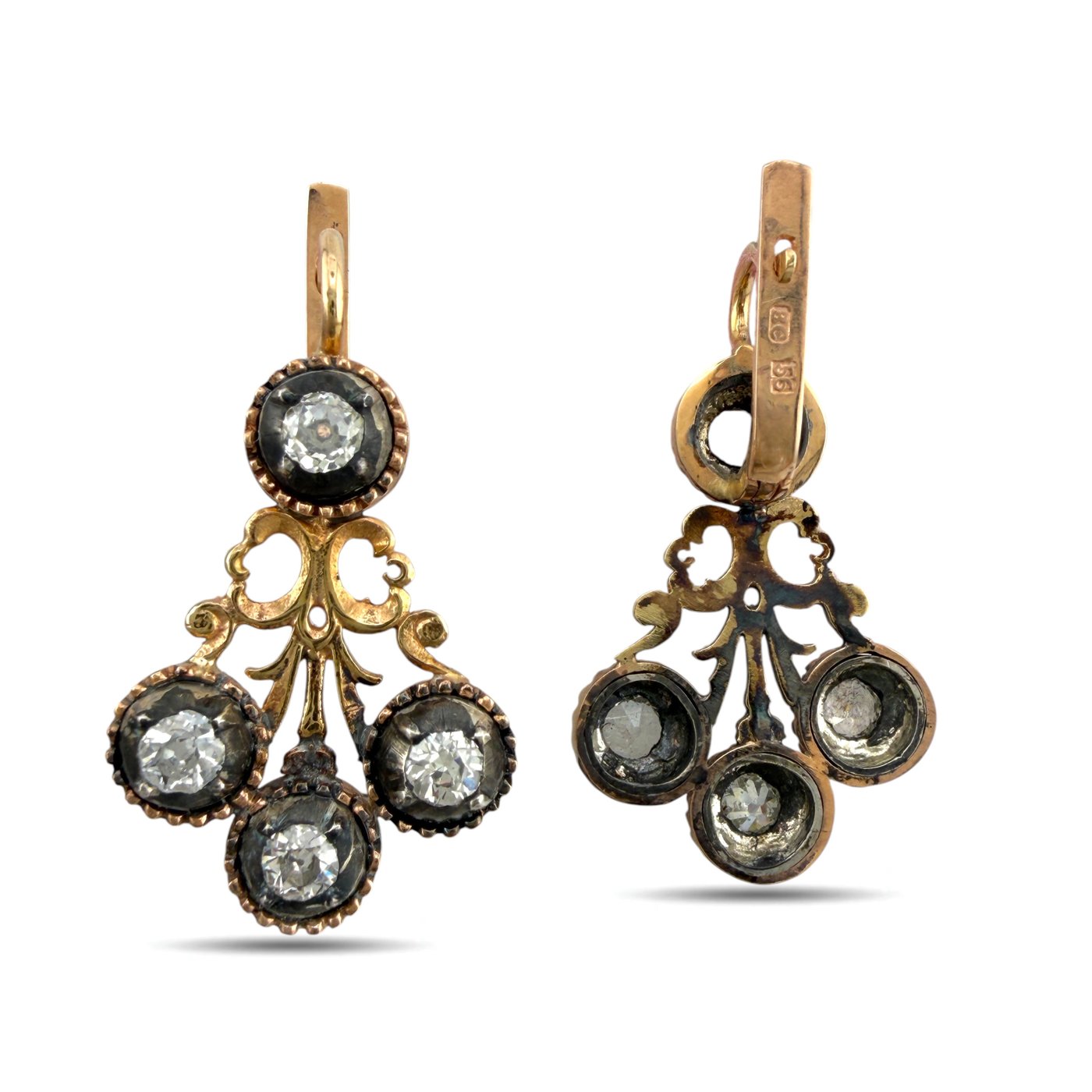 K. Faberge Imperial Russian 14K (56K) Rose Gold 1.36ct Diamond Earrings