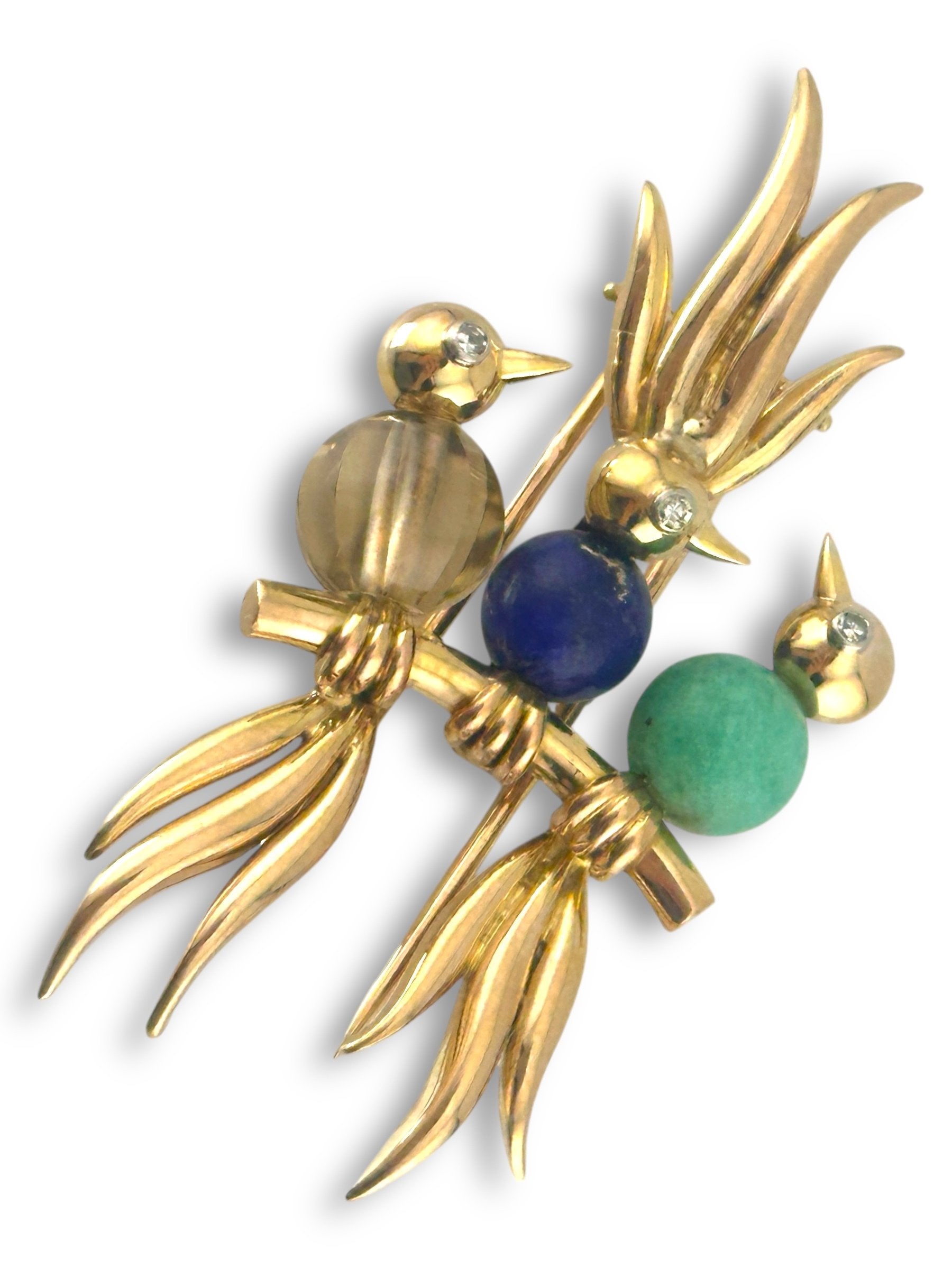 Brooch - 14 kt. Yellow gold, Trio of Birds Diamond-Eyed Brooch in 14K Gold