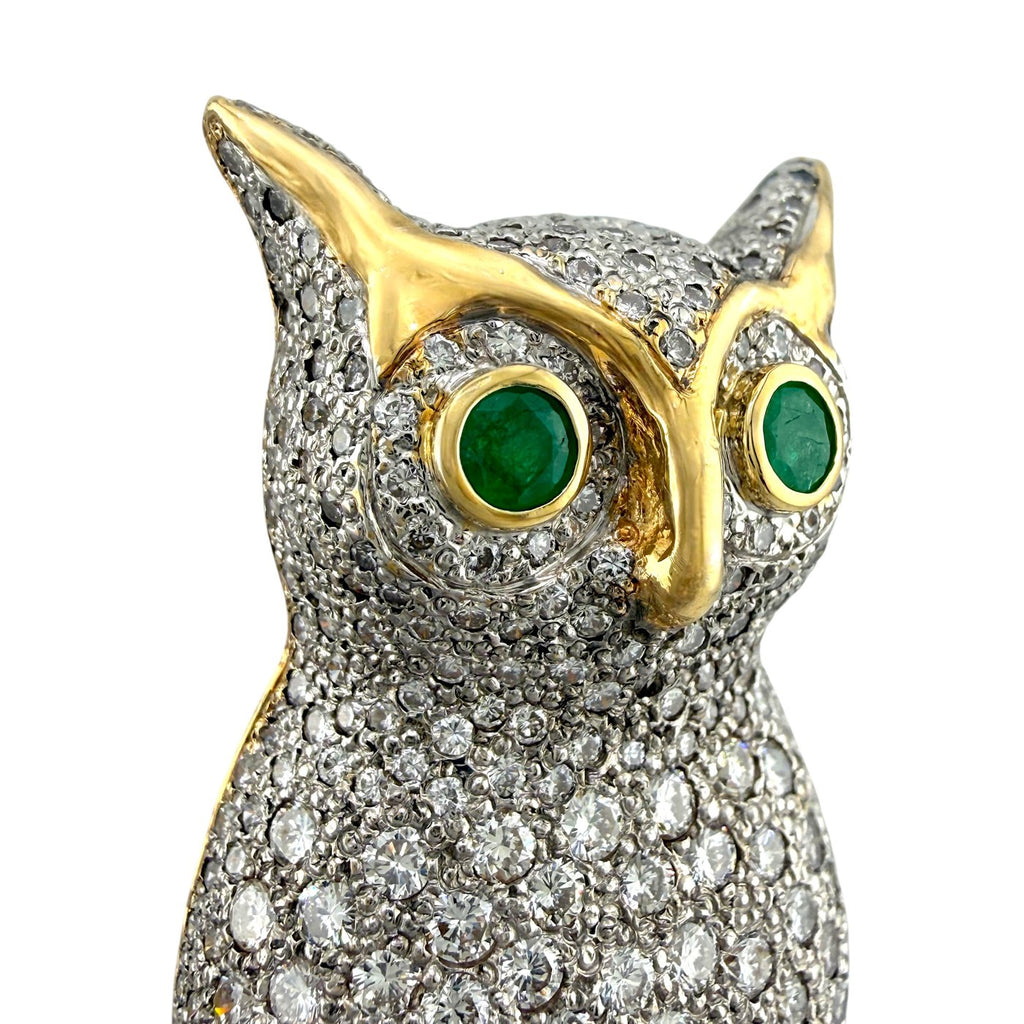French 14K Yellow Gold 10.00ct Diamond and 0.30ct Emerald Owl Brooch