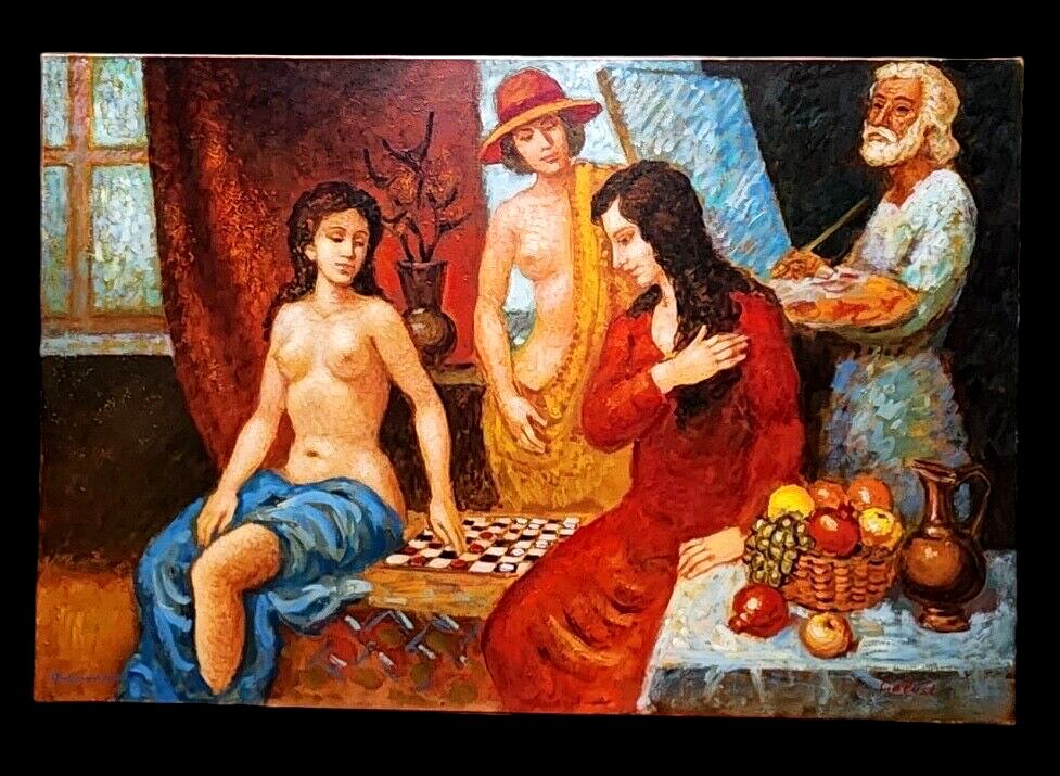 Galust Darbinyan Original Oil Painting Playing Checkers