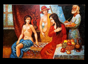Galust Darbinyan Original Oil Painting Playing Checkers