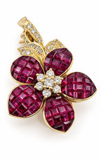 18K Yellow Gold 4.75ct Invisible Set Ruby & 0.45ct Diamond Flower Brooch