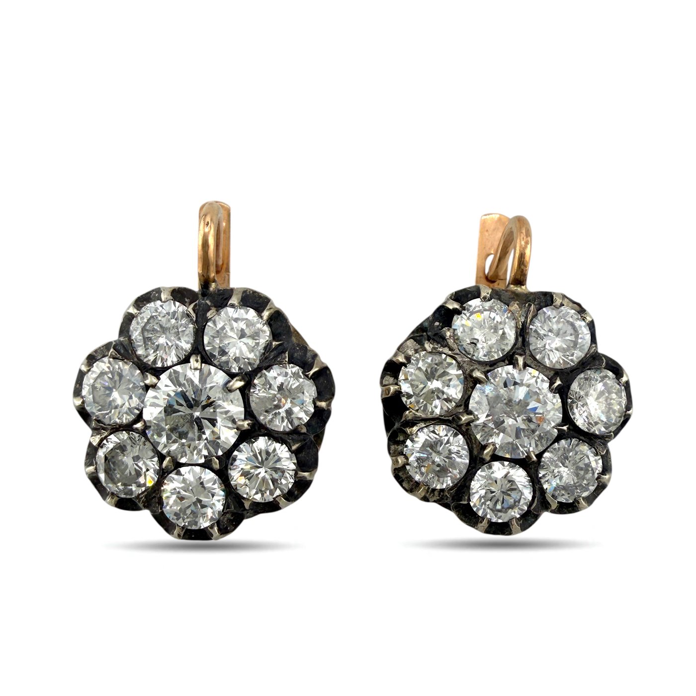 K. Faberge rose gold diamond cluster earrings with black bezel settings