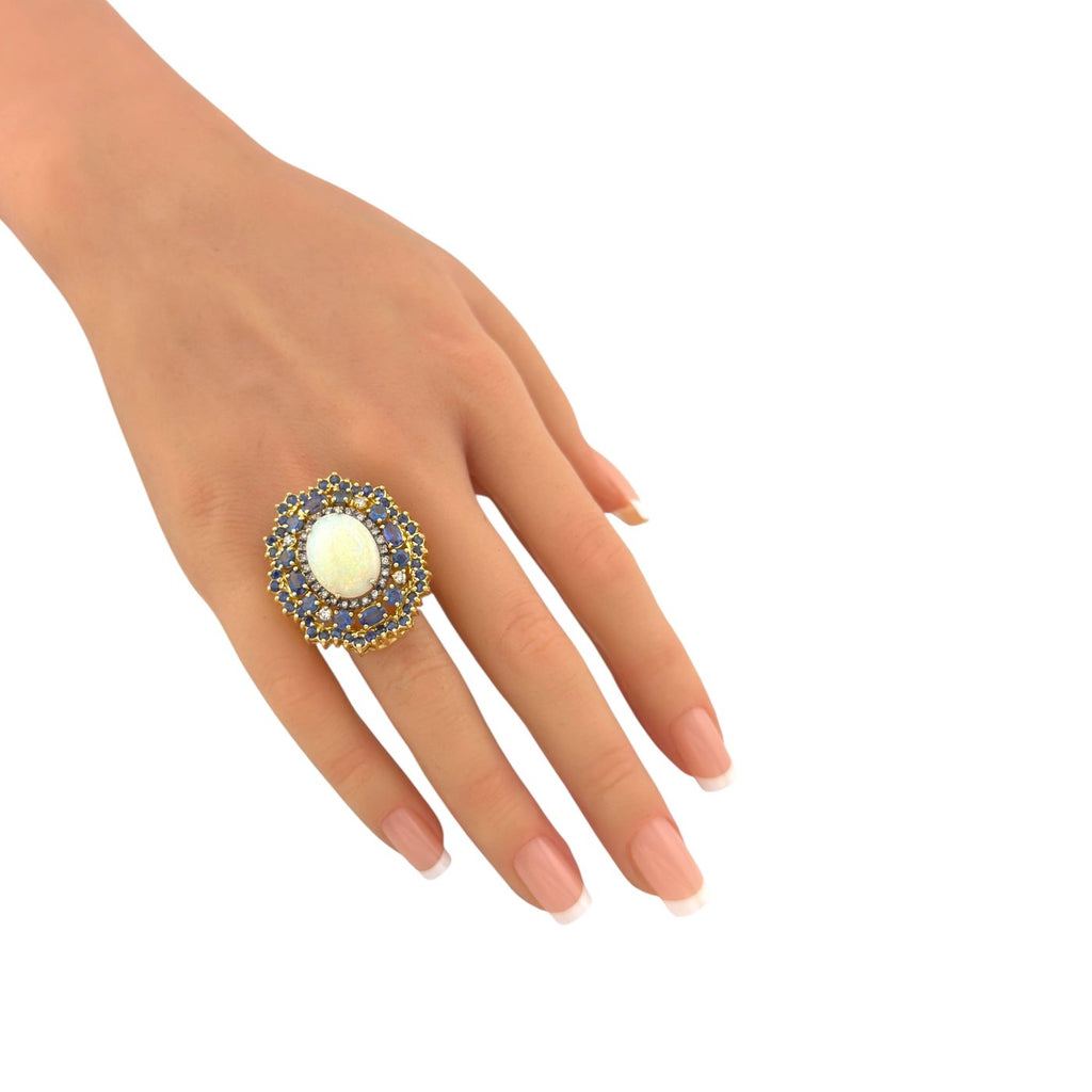 18K Yellow Gold 3.60ct Sapphire 0.91ct Diamond and 5.00ct Opal Cocktail Ring