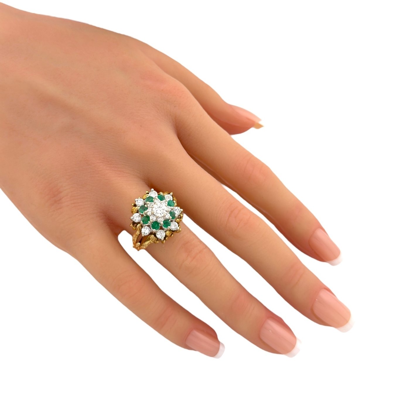 14K Yellow Gold Ring Featuring 17 Sparkling Diamonds and 8 Vibrant Emeralds