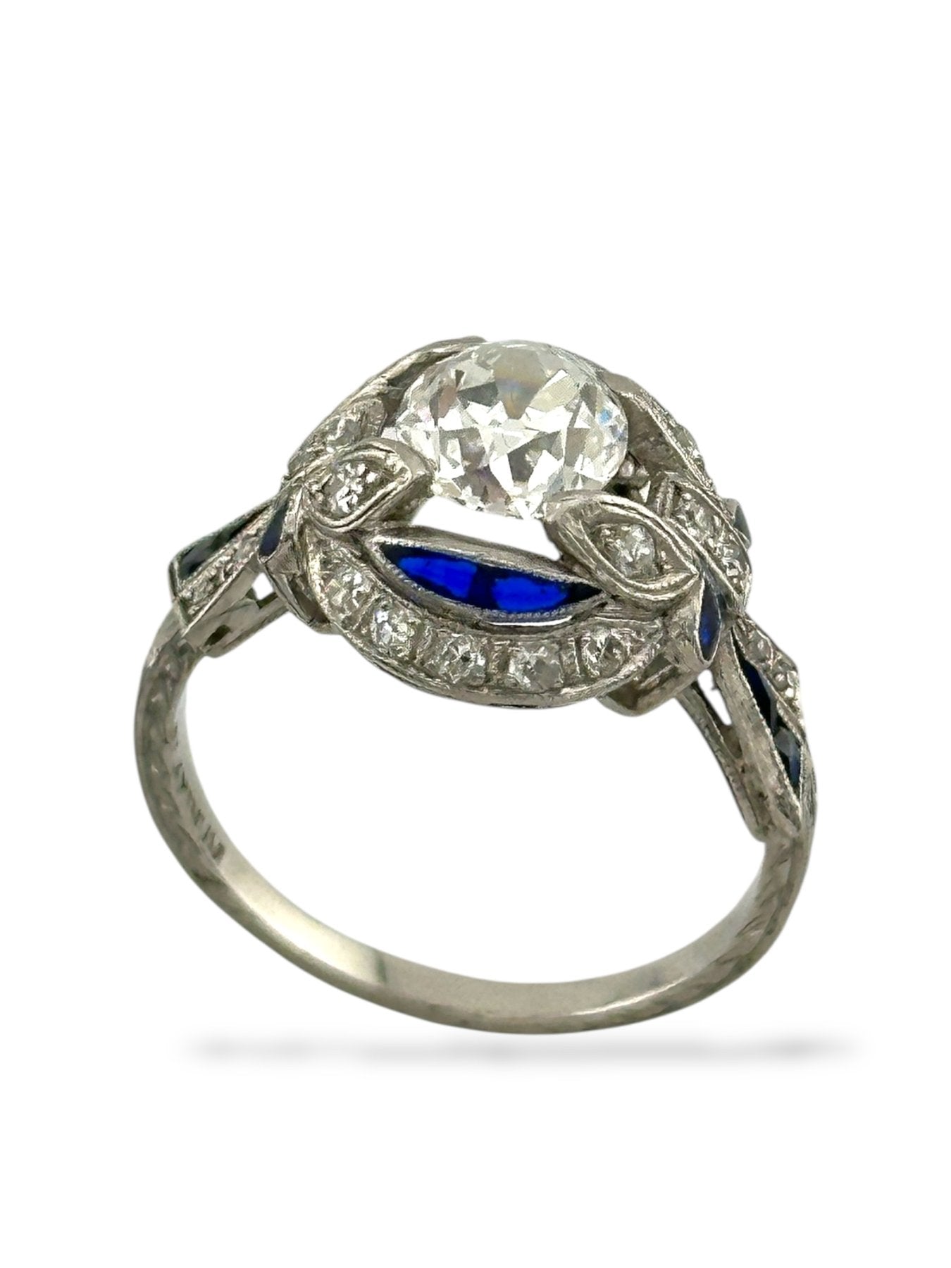 Platinum Ring with 1.00 Carat Diamond, Sapphires, and Accent Diamonds