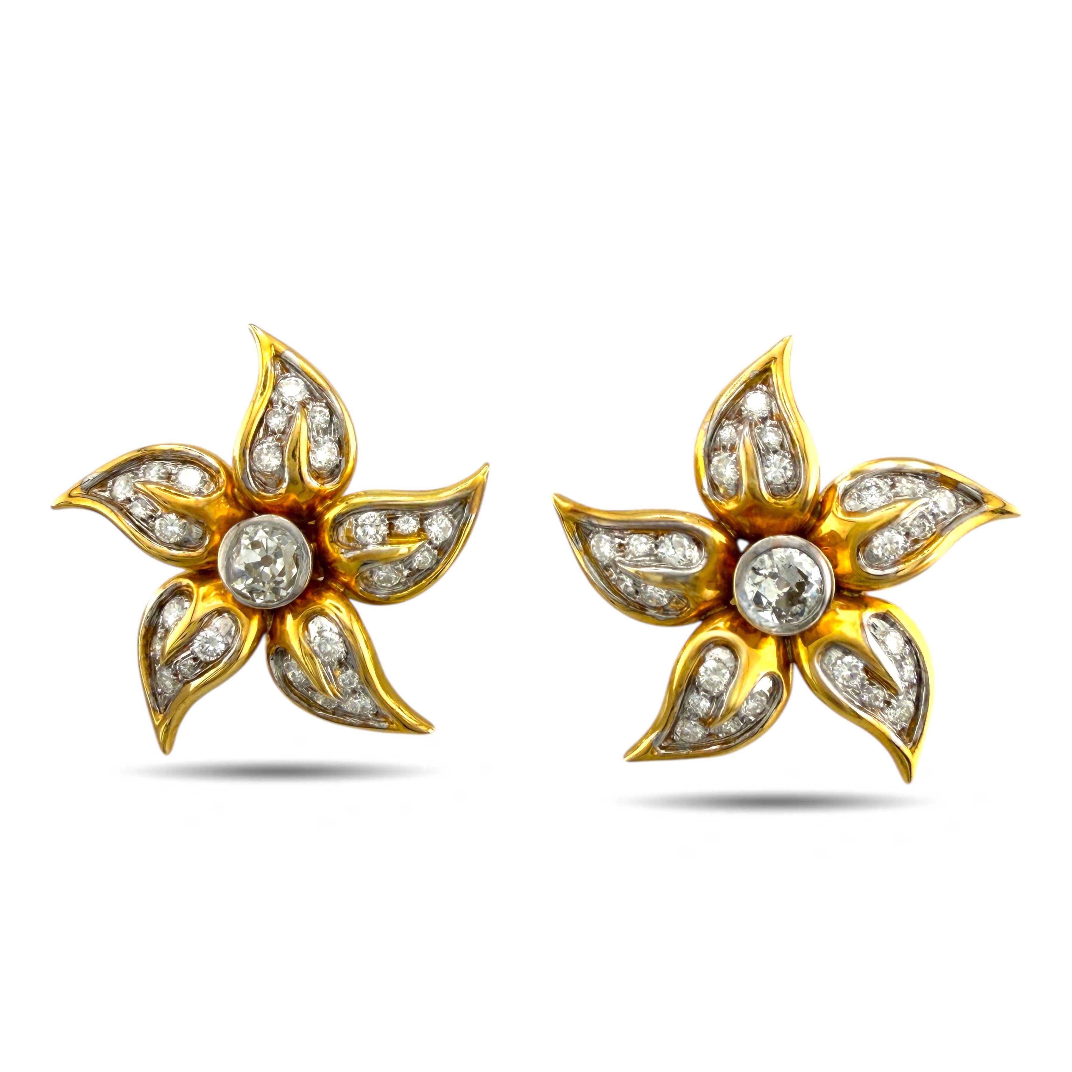 18K Yellow Gold 2.2ct Diamond Star Screw-On Earrings