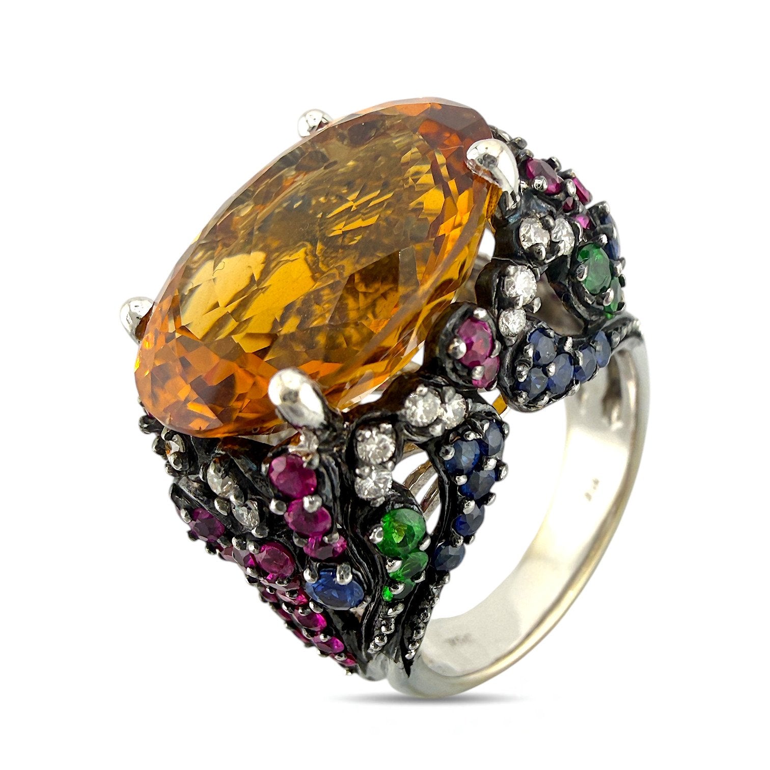 18K White Gold 10ct Citrine and Multigem Cocktail Ring