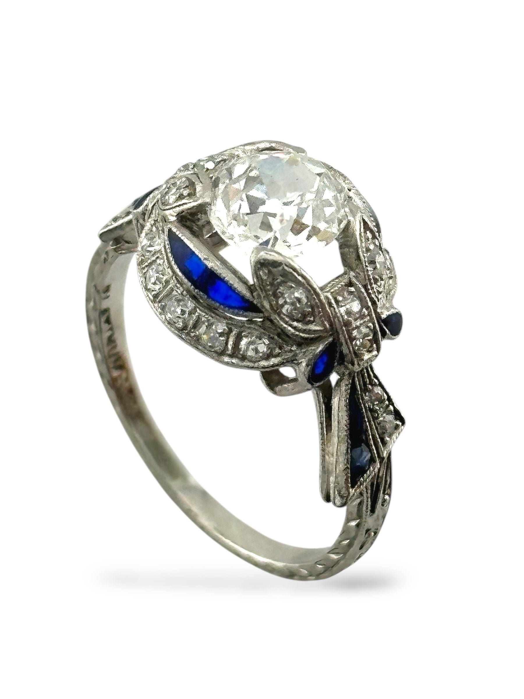 Art Deco Platinum Ring with Large 1ct Center Diamond