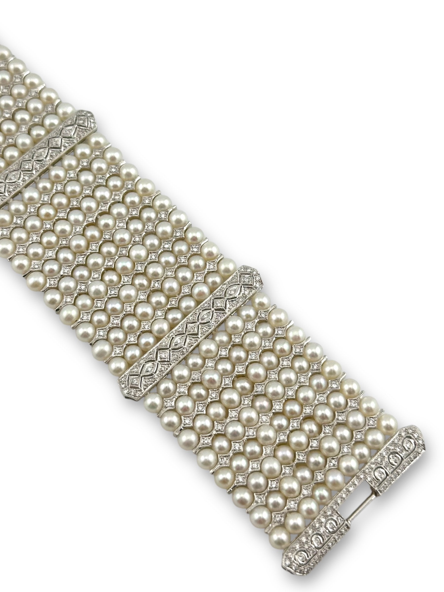 18 kt. White gold,  18K White Gold Diamond & Pearl Bracelet  -  2.97ct. tw. Diamond (Natural)