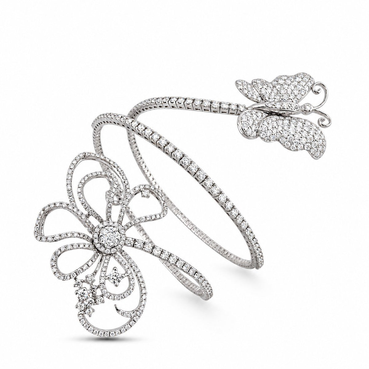 Flexible diamond bracelet with a butterfly and an openwork flower ornament