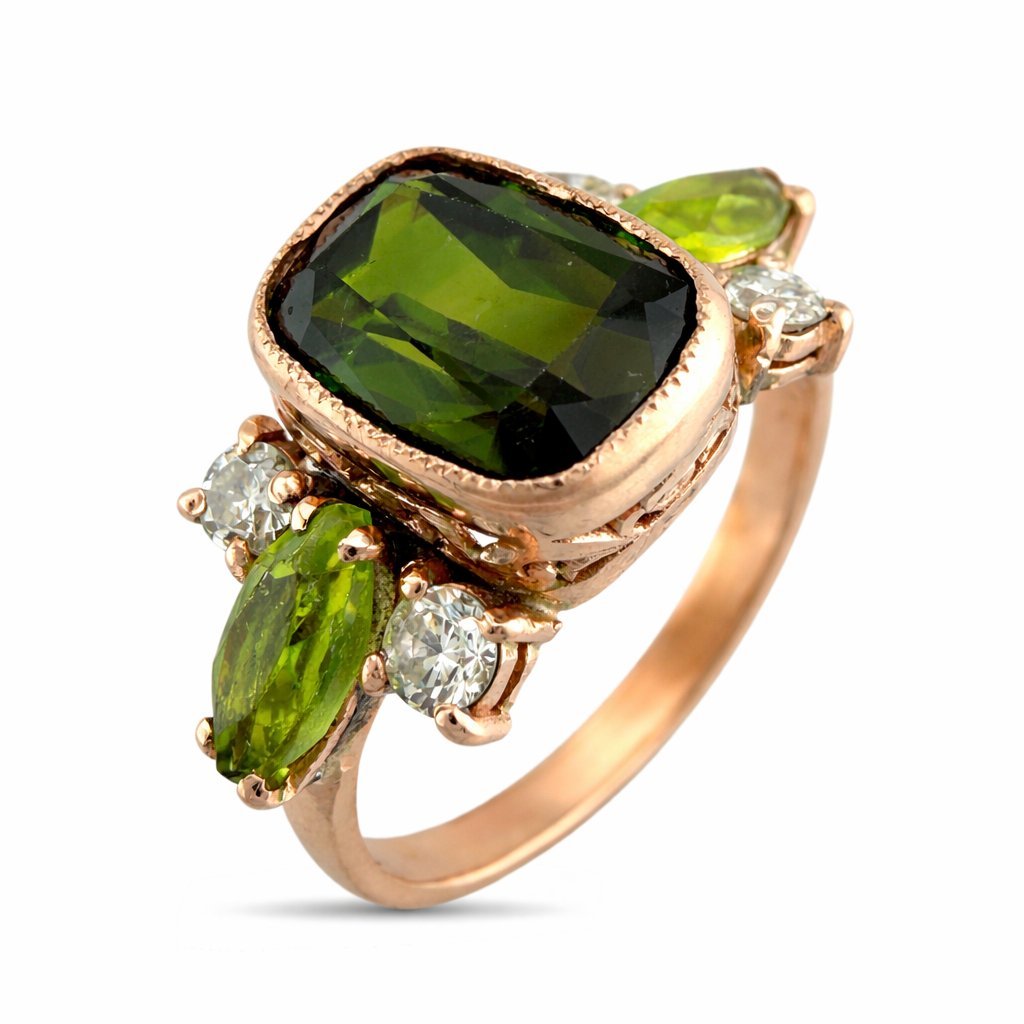 Imperial Russian 14K Rose Gold 2.15ct Peridot & 0.16ct Diamond Ring