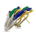 18K Yellow and White Gold Blue and Green Enamel Diamond Earrings