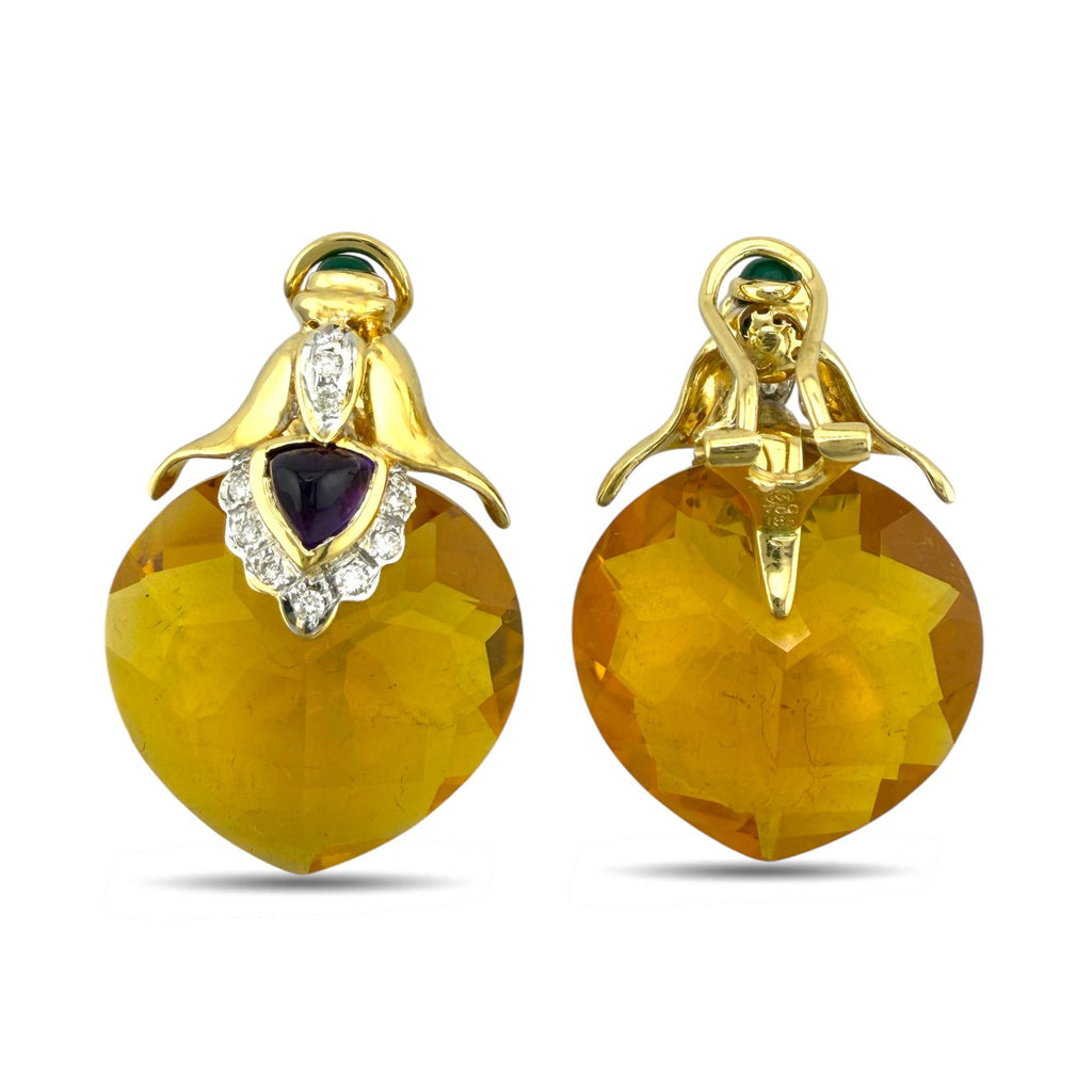 18K Yellow Gold 45.00ct Citrine, 0.20ct Diamond, Emerald, Amethyst Earrings, Yellow gold -  45.00ct. tw. Citrine - Diamond