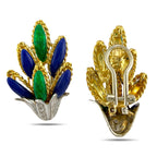 18K Yellow and White Gold Blue and Green Enamel Diamond Earrings